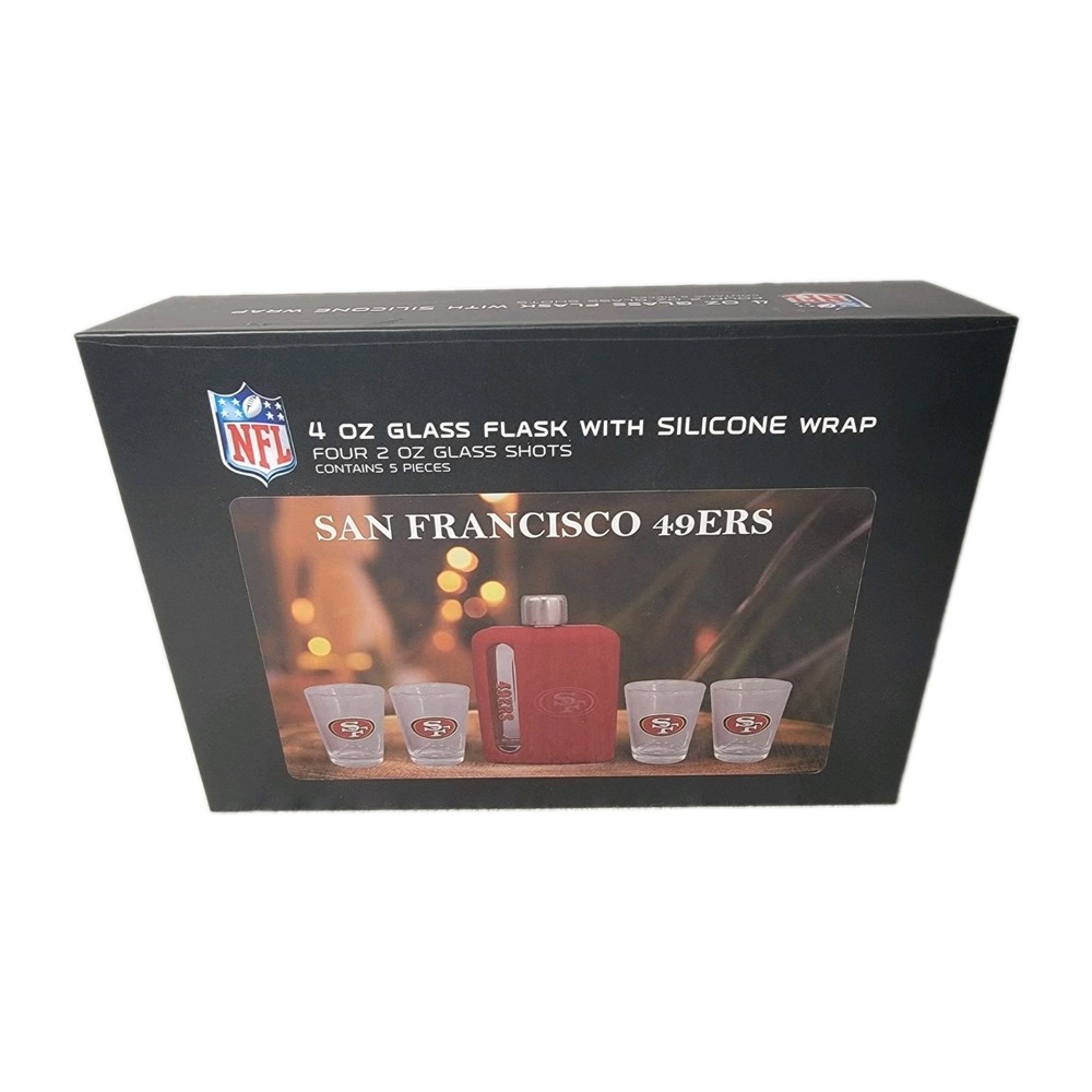 San Francisco 49ers Flask Shot Glass Set NIB 5 Pc NFL Glass Silicone Wrap Gift